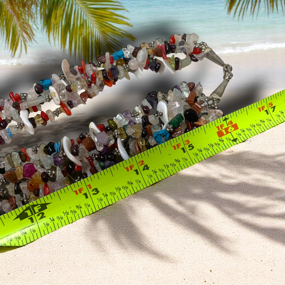 Vintage 1980's Natural Stone Chip Multistrand Beaded Statement Necklace Tropical - Picture 6 of 6